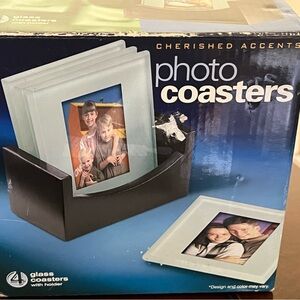 Glass Photo Coasters - with black stand - set of four